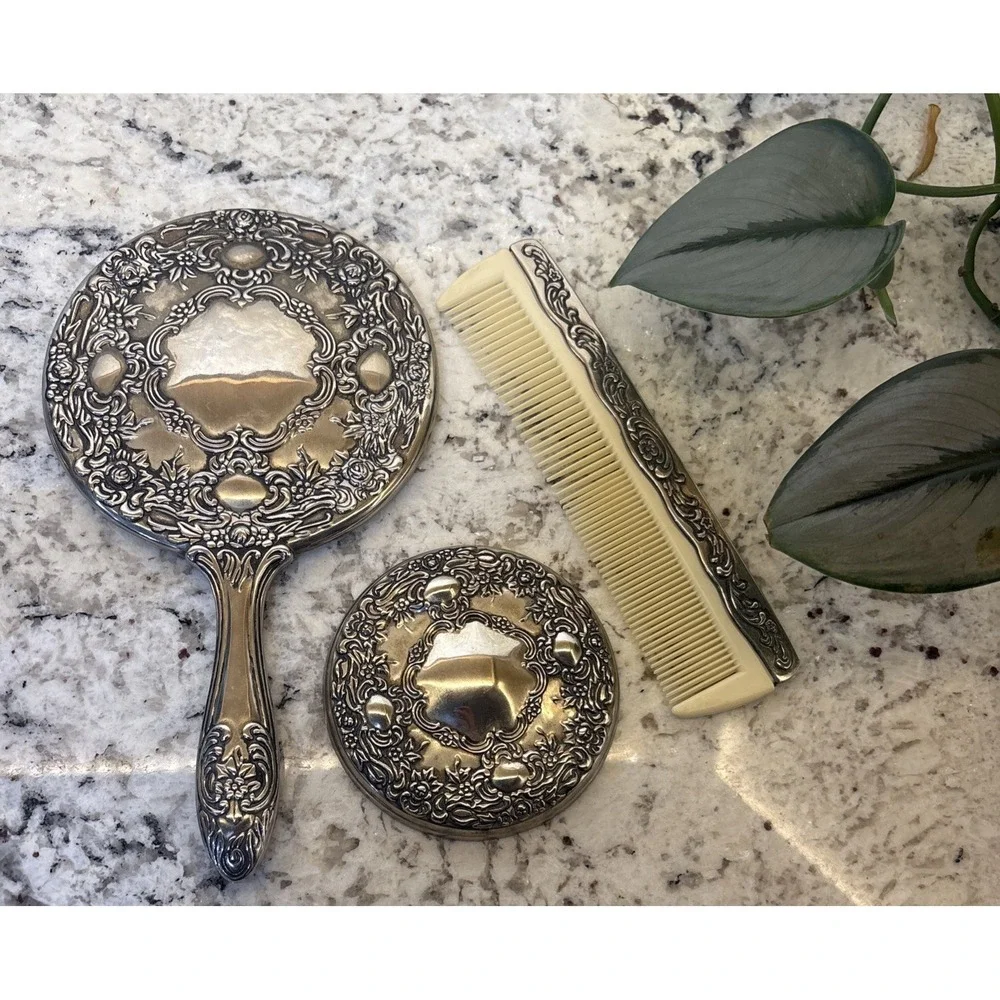 VTG Silver Plate Vanity Mirror Set Hand Mirror Round Mirror‎ Comb Ornate Floral